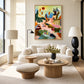 Pastel Reverie painting above a cream sofa with round wooden tables and sculptural lamps.
