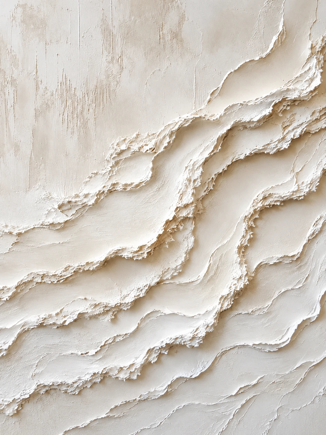 Full abstract artwork of irregular ivory and warm beige layers sweeping diagonally across the composition.