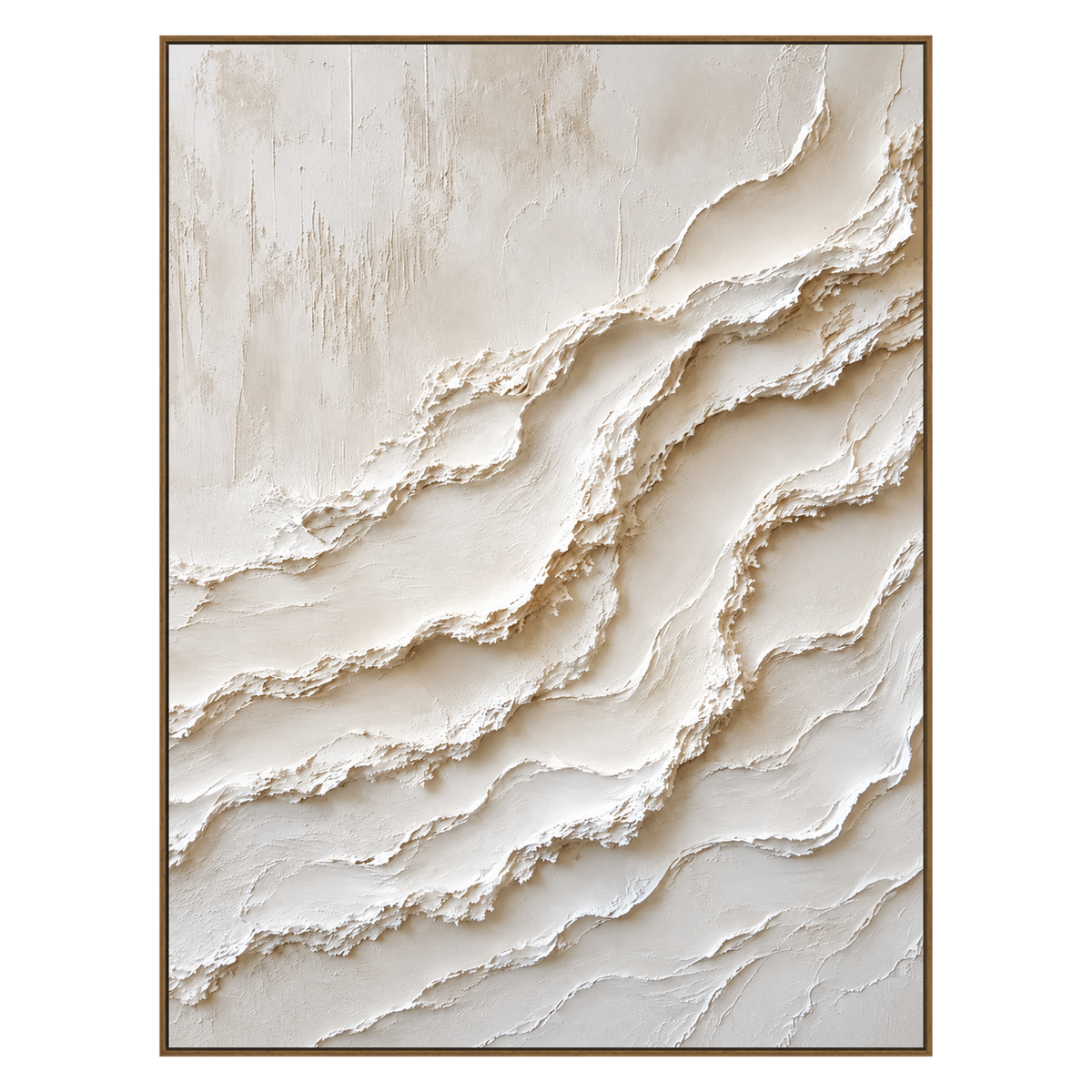 Ivory Tides vertical artwork in a natural wood frame on a transparent background.