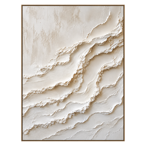 Ivory Tides vertical artwork in a natural wood frame on a transparent background.