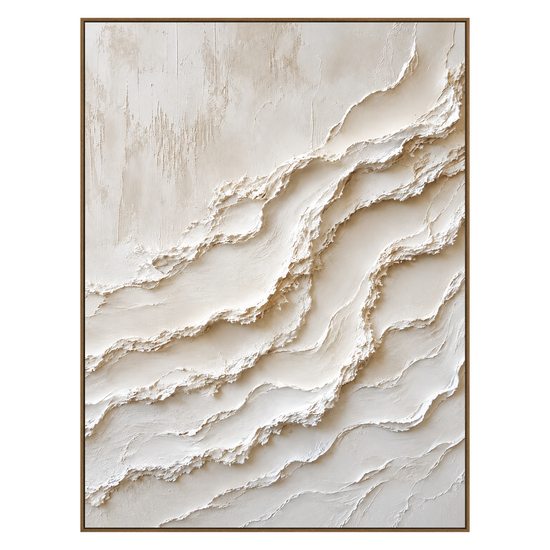 Ivory Tides vertical artwork in a natural wood frame on a transparent background.