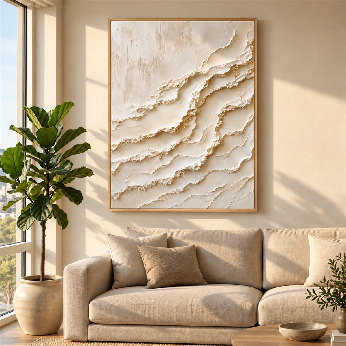Ivory Tides painting above a beige sofa beside a leafy plant and sunlit window.