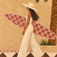 Full artwork of a woman in a cream outfit and sun hat carrying a pink checkerboard surfboard past an ochre wall and diamond-patterned tiles.