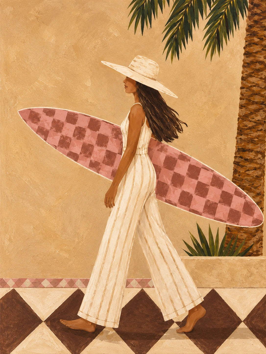 Full artwork of a woman in a cream outfit and sun hat carrying a pink checkerboard surfboard past an ochre wall and diamond-patterned tiles.