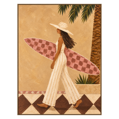 Palmside Surfer vertical artwork in a natural wood frame on a transparent background.