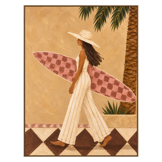 Palmside Surfer vertical artwork in a natural wood frame on a transparent background.