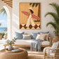 Palmside Surfer painting above a pale sofa with blue cushions in an airy coastal lounge.