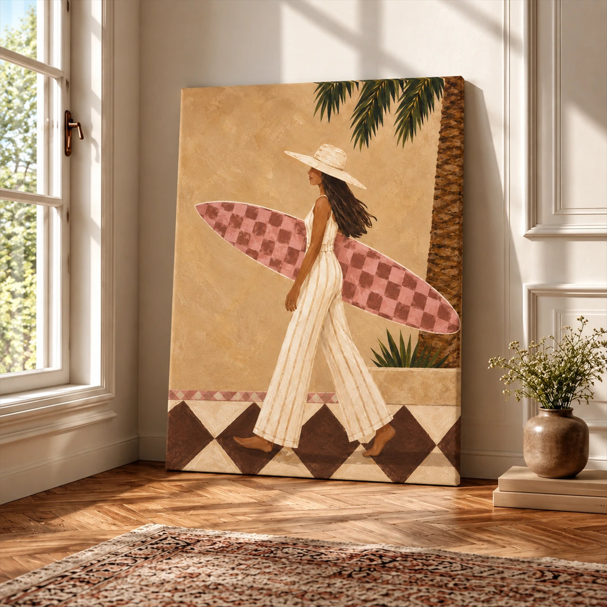 Palmside Surfer canvas leaning beside tall windows on a wooden floor in warm sunlight.