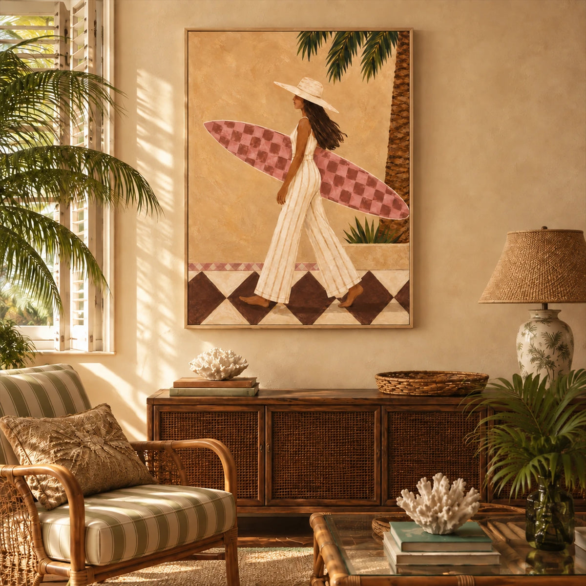 Palmside Surfer painting above a dark wooden cabinet in a room with woven seating and tropical plants.
