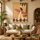 Palmside Surfer painting above a cream sofa with woven furniture and exposed wooden ceiling beams.