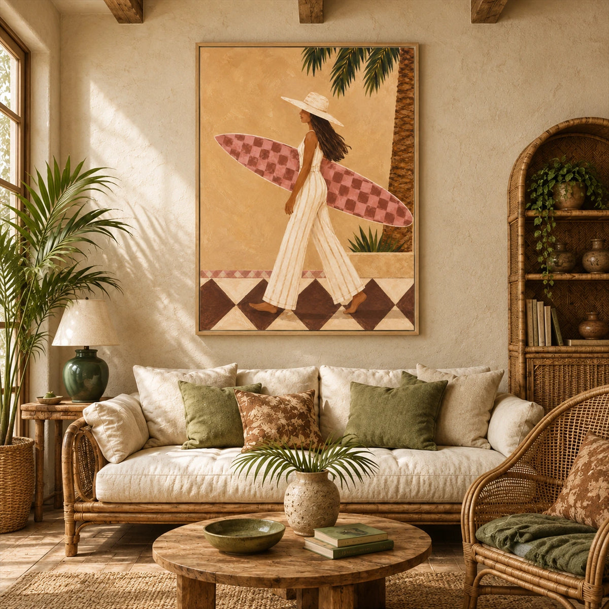 Palmside Surfer painting above a cream sofa with woven furniture and exposed wooden ceiling beams.