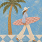 Full artwork of a woman in a blue shirt and cream trousers carrying a pink checkerboard surfboard beside a palm tree and blue-and-ivory diamond tiles.