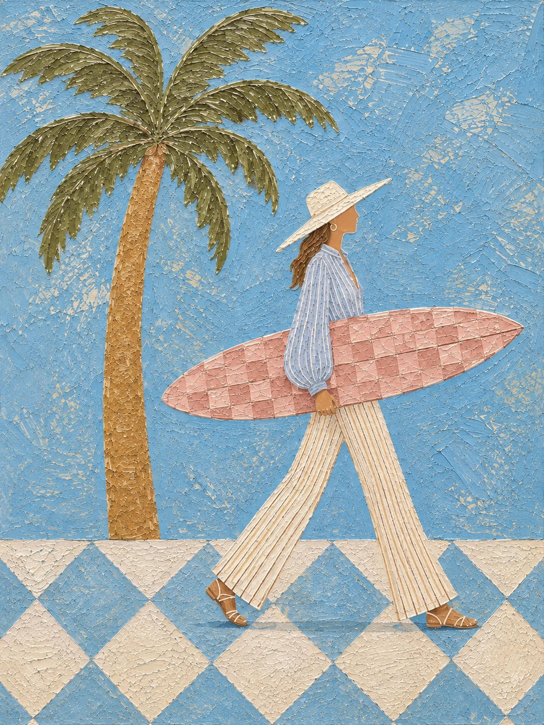 Full artwork of a woman in a blue shirt and cream trousers carrying a pink checkerboard surfboard beside a palm tree and blue-and-ivory diamond tiles.