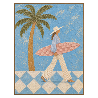 Blue Palm Surfer vertical artwork in a natural wood frame on a transparent background.