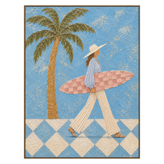 Blue Palm Surfer vertical artwork in a natural wood frame on a transparent background.