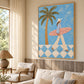 Blue Palm Surfer painting above wood wall paneling in a bright living room with pale seating.