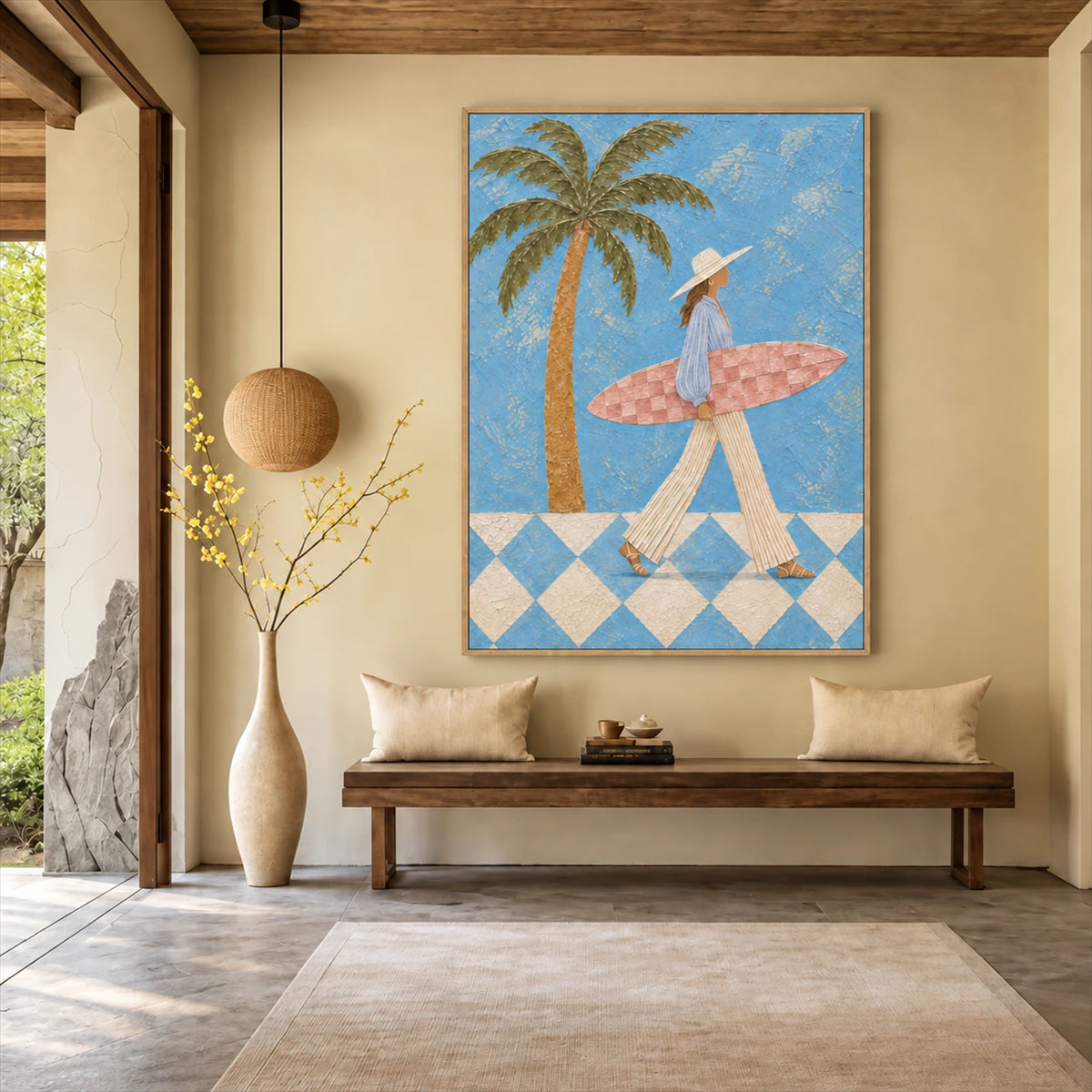 Blue Palm Surfer painting above a wooden bench in an airy entryway.