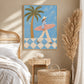 Blue Palm Surfer painting beside a woven headboard and bedside table in a neutral bedroom.