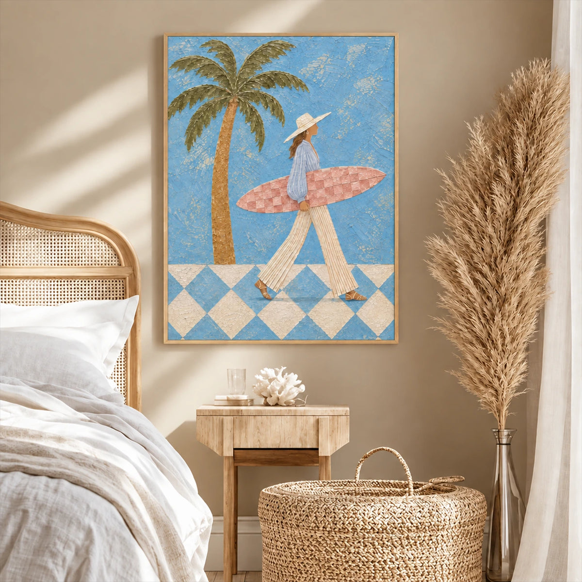 Blue Palm Surfer painting beside a woven headboard and bedside table in a neutral bedroom.