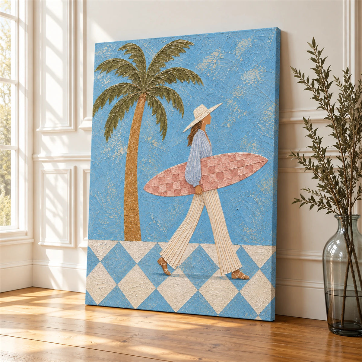 Blue Palm Surfer stretched canvas leaning near a sunlit window on a wooden floor.