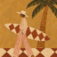 Full artwork of a sun-hatted surfer with a diamond-patterned surfboard, a palm tree and terracotta-and-cream tiles against an ochre background.