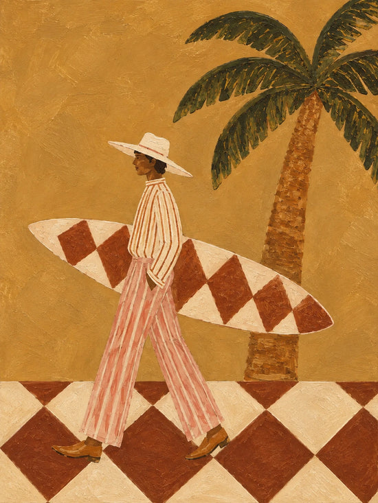 Full artwork of a sun-hatted surfer with a diamond-patterned surfboard, a palm tree and terracotta-and-cream tiles against an ochre background.