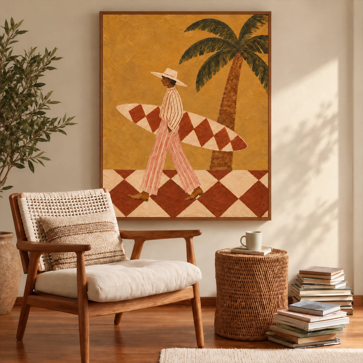 Ochre Surfer painting beside a woven wooden armchair, wicker side table and stacked books.