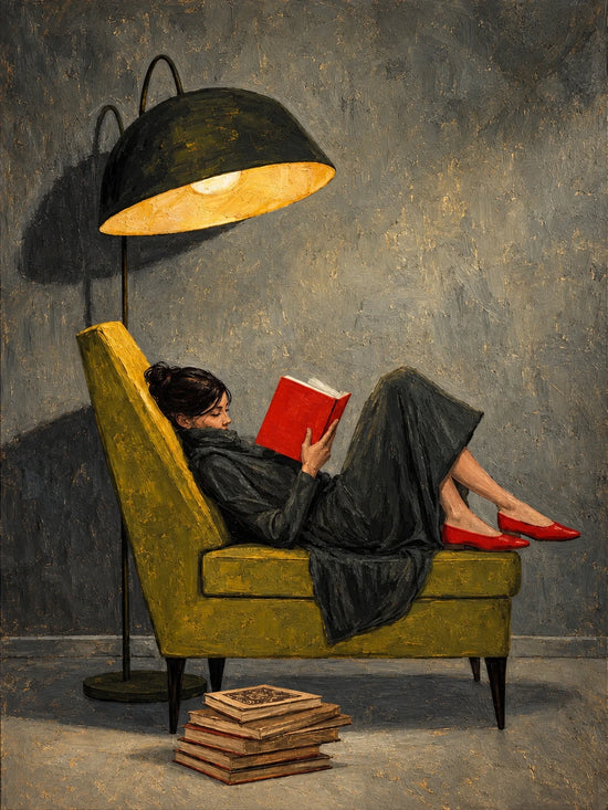 Full artwork of a reclining reader in dark clothing and red shoes, an olive armchair, a glowing black lamp and a stack of books.