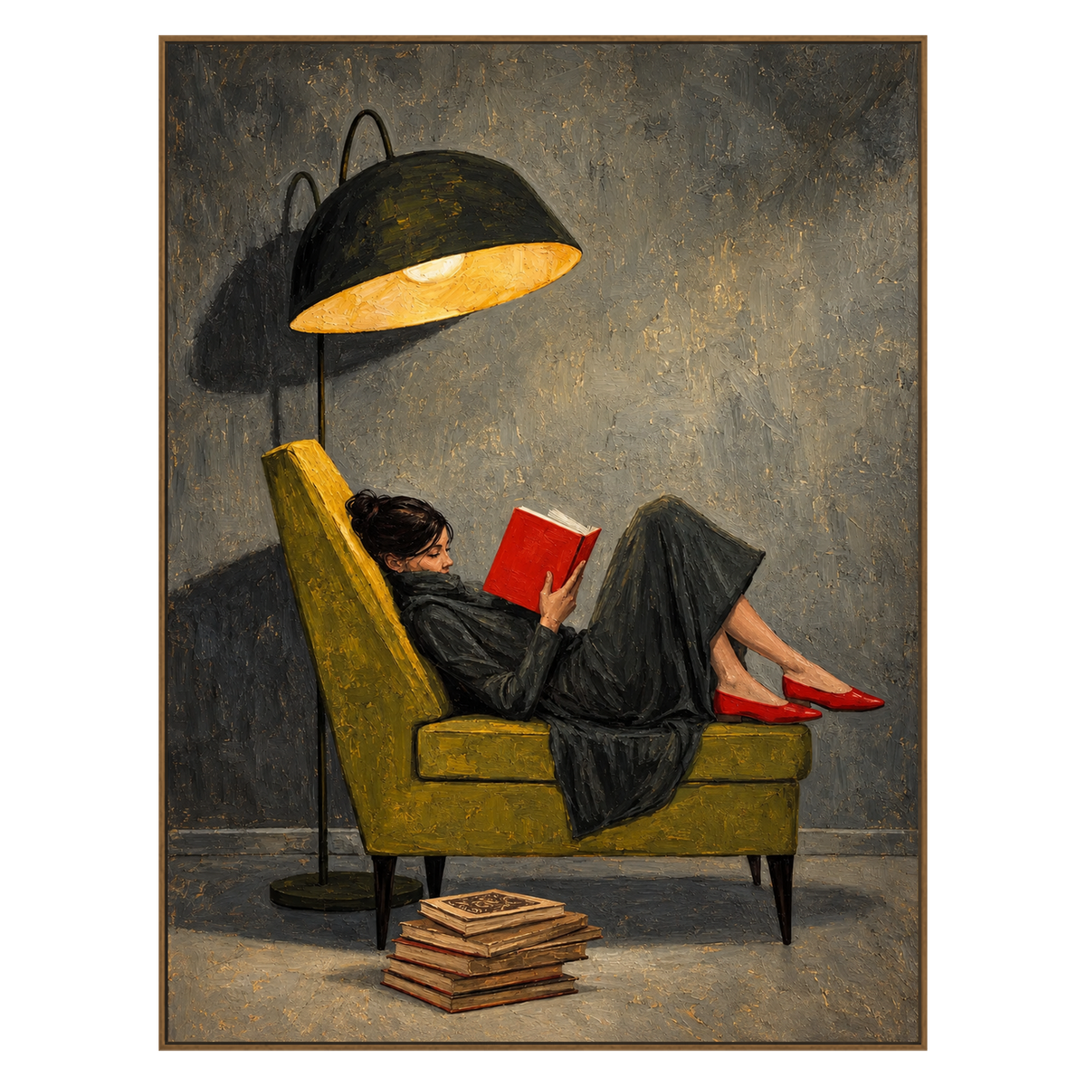 Lamplit Reader vertical artwork in a natural wood frame on a transparent background.