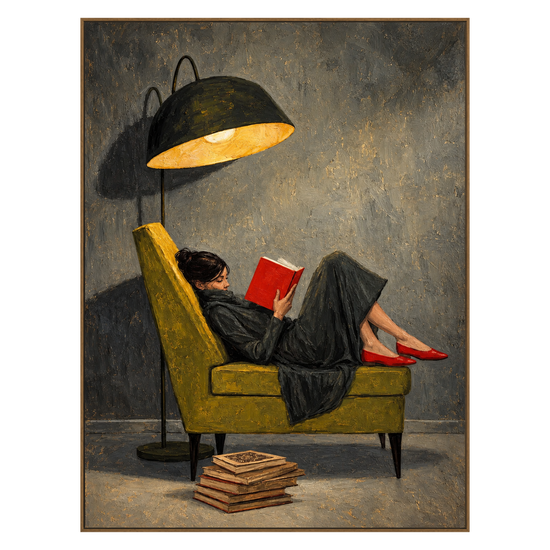 Lamplit Reader vertical artwork in a natural wood frame on a transparent background.