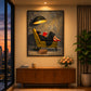 Lamplit Reader painting above a wooden cabinet beside tall windows overlooking a city at dusk.