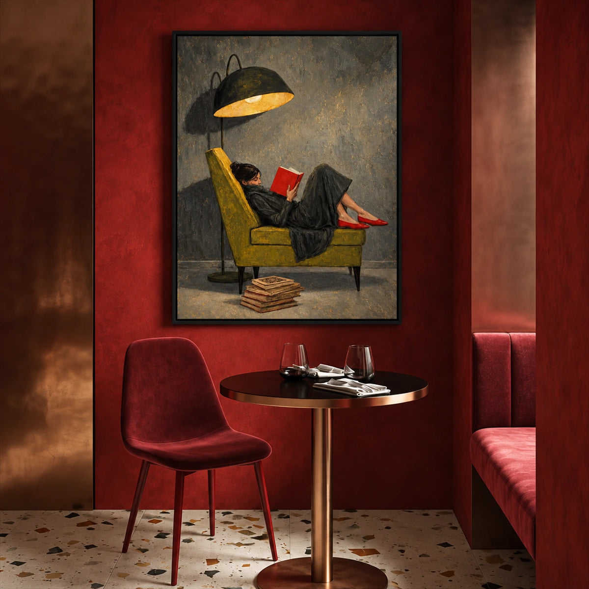Lamplit Reader painting in a burgundy alcove above a small round table and red upholstered chairs.