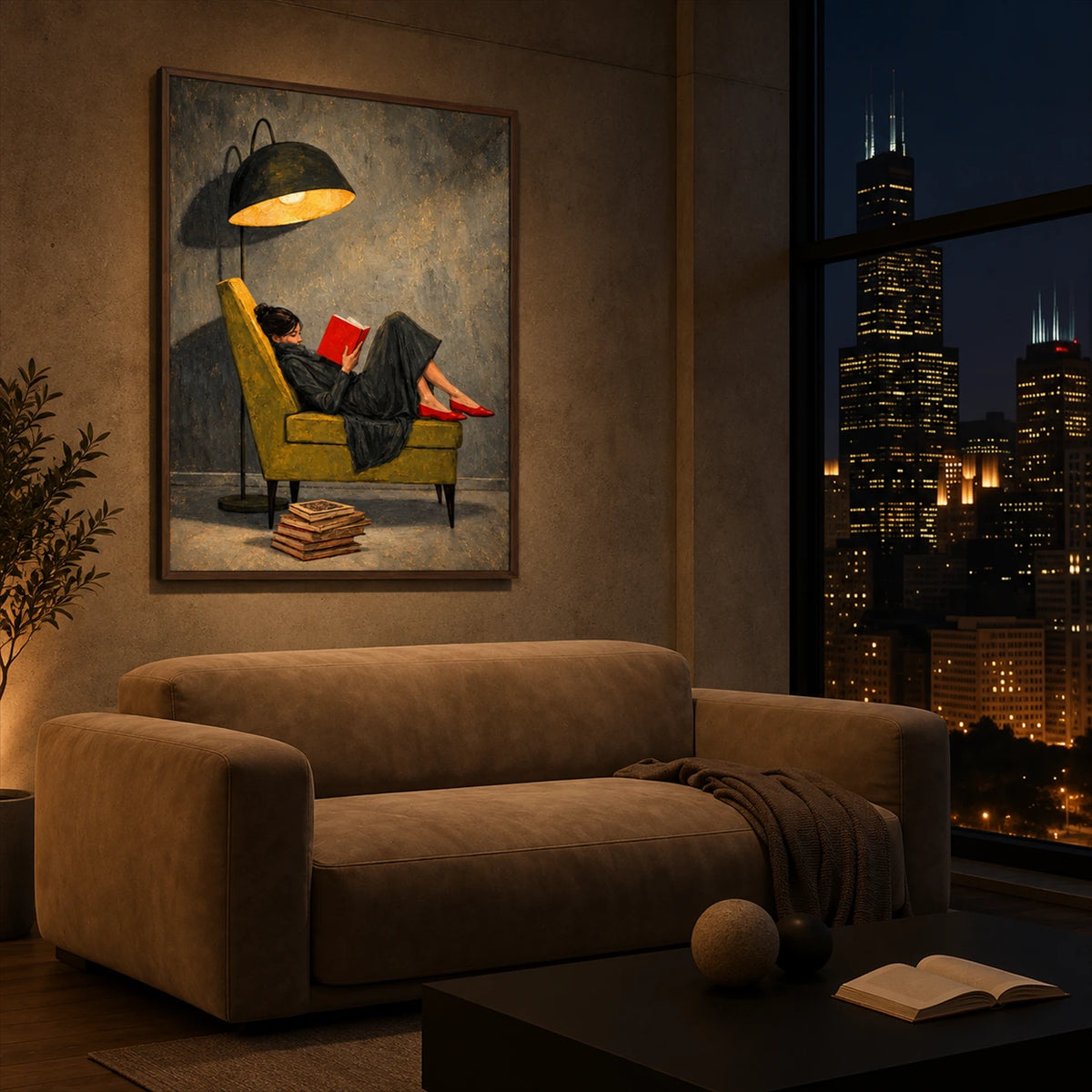 Lamplit Reader painting above a brown sofa beside a nighttime city view.