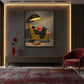 Lamplit Reader painting above a long dark console in a softly lit room with a burgundy chair.