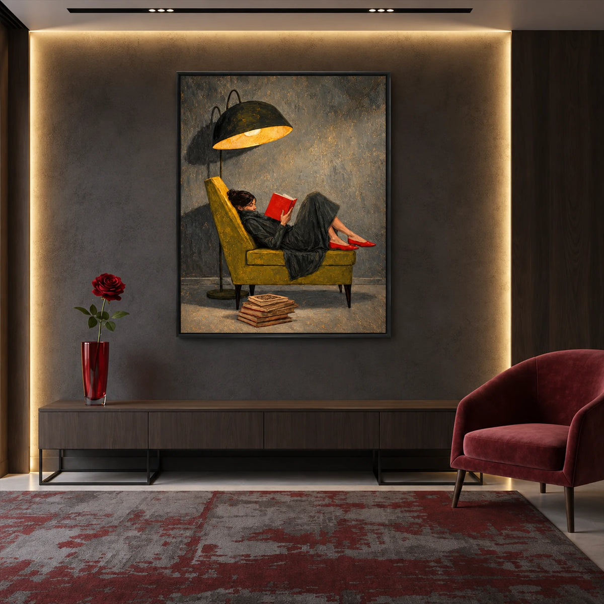 Lamplit Reader painting above a long dark console in a softly lit room with a burgundy chair.