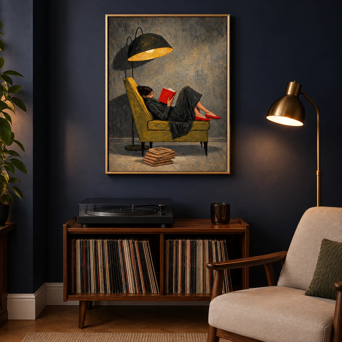 Lamplit Reader painting above a record cabinet beside an upholstered chair and brass lamp on a dark blue wall.