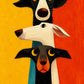 Full artwork of three expressive long-faced dogs in black and cream against golden yellow, vermilion and a narrow teal accent.