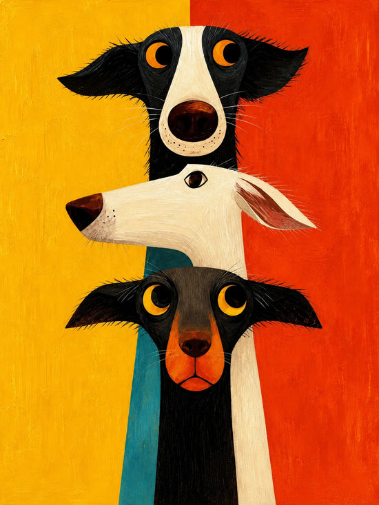 Full artwork of three expressive long-faced dogs in black and cream against golden yellow, vermilion and a narrow teal accent.