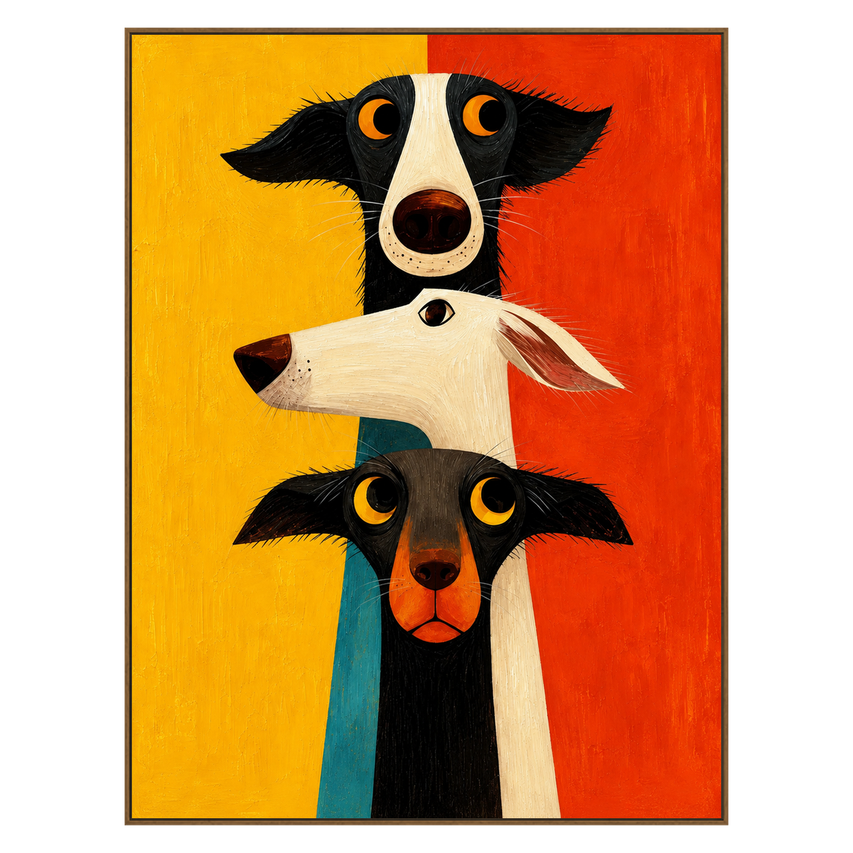 Curious Trio vertical artwork in a natural wood frame on a transparent background.