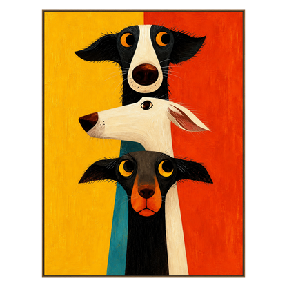 Curious Trio vertical artwork in a natural wood frame on a transparent background.