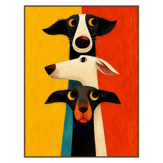 Curious Trio vertical artwork in a natural wood frame on a transparent background.