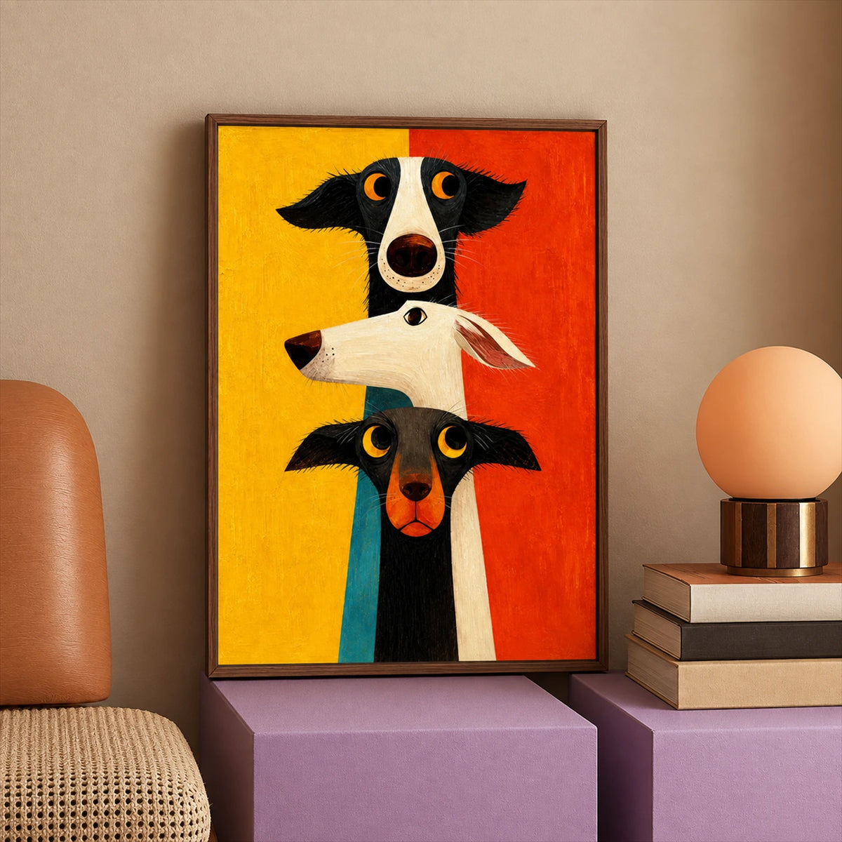 Curious Trio painting above lilac cabinets beside stacked books and a peach globe lamp.