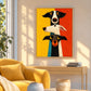 Curious Trio painting above a light wooden console beside a yellow armchair in a bright room.