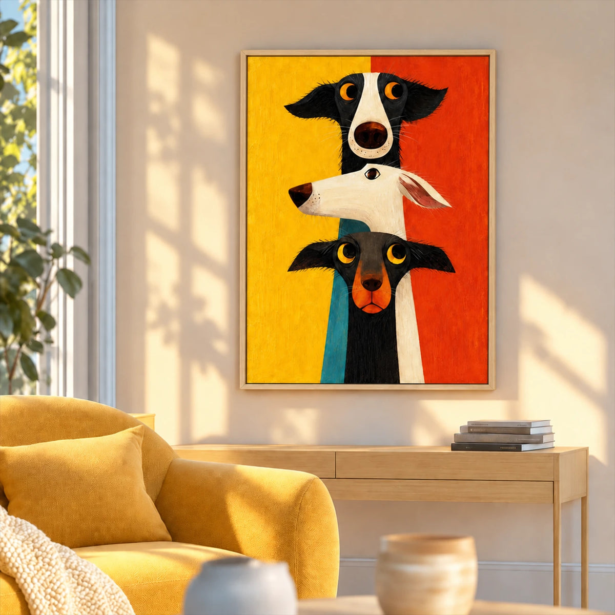 Curious Trio painting above a light wooden console beside a yellow armchair in a bright room.
