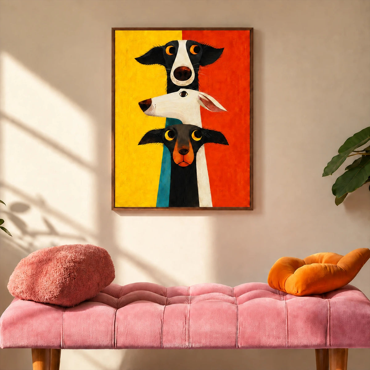 Curious Trio painting above a pink upholstered bench with colorful cushions.