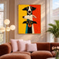 Curious Trio painting above a curved terracotta sofa between tall windows in a sunlit living room.