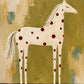 Full artwork of a slender ivory horse with red spots, a flowing mane and tail, and an olive, cream and ochre abstract background.