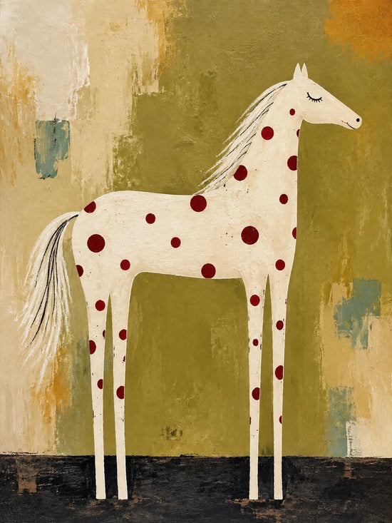 Full artwork of a slender ivory horse with red spots, a flowing mane and tail, and an olive, cream and ochre abstract background.