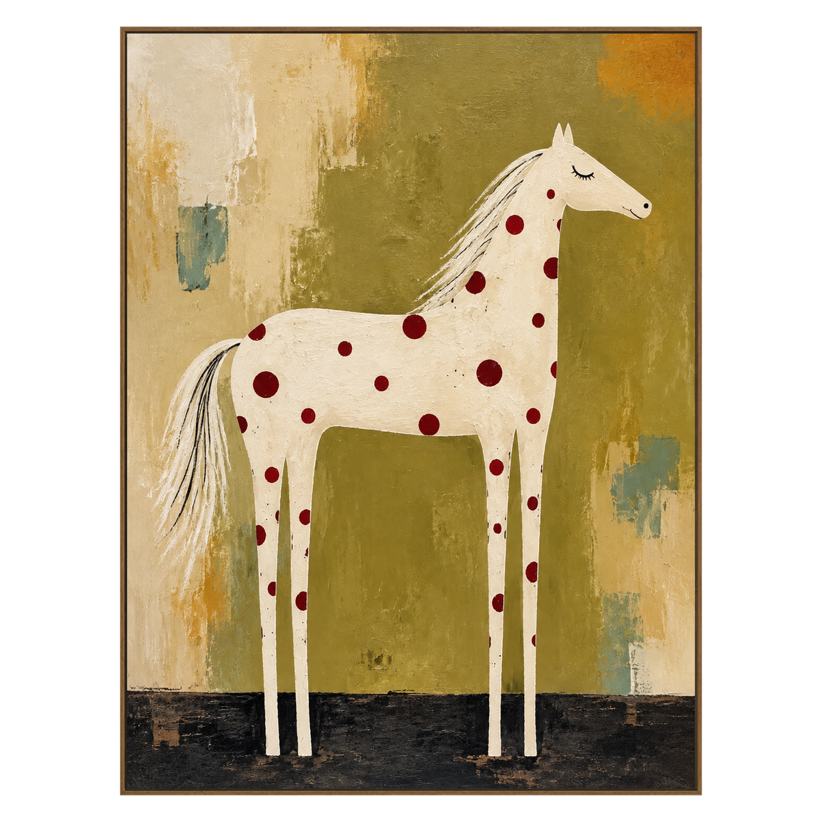 Ruby Spotted Horse vertical artwork in a natural wood frame on a transparent background.
