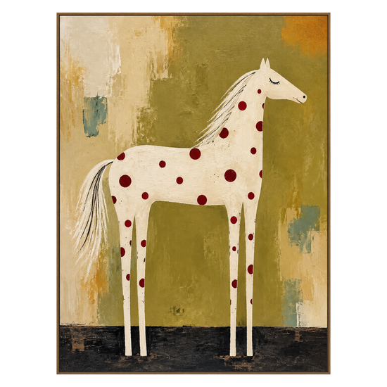 Ruby Spotted Horse vertical artwork in a natural wood frame on a transparent background.